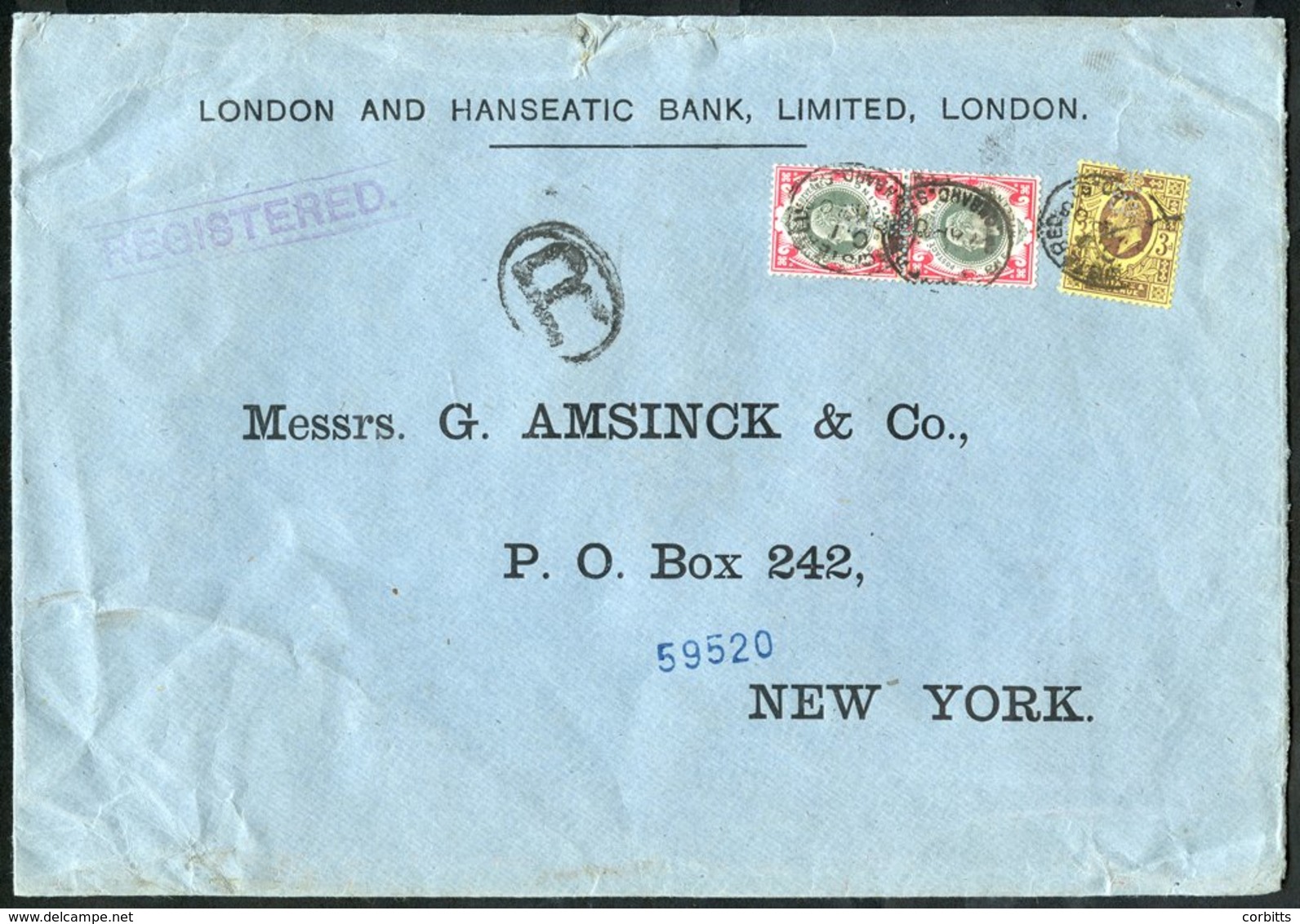 1905 Reg Cover From London To New York, Franked KEVII 3d, 1s (pair), Tied Lombard St. Oval Registered D/stamps, Adhesive - Sonstige & Ohne Zuordnung