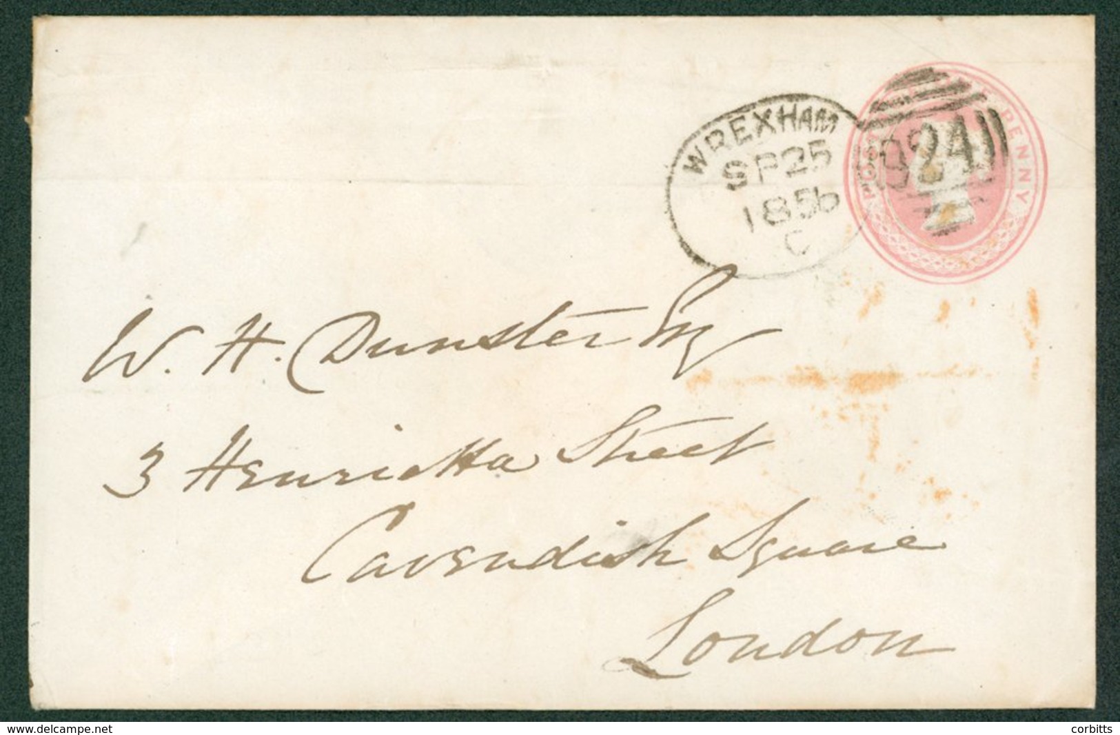 1856 1d Pink Envelope To London Cancelled By Fine Wrexham Spoon Code 'C' For Sept 25th 1856, Horizontal Crease Hardly De - Sonstige & Ohne Zuordnung