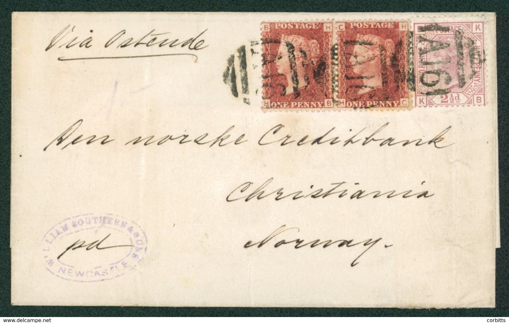 NEWCASTLE UPON TYNE RAILWAY 1875 Cover To Norway Via Ostend Franked 1d Plate 200 (pair) & 2½d Mauve Pl.2, Each Cancelled - Sonstige & Ohne Zuordnung