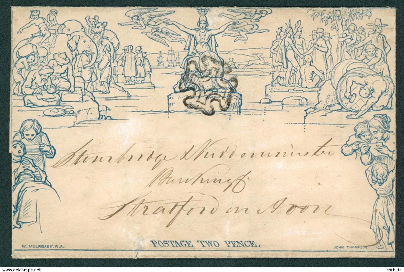 1843 Twopence Letter Sheet A97 Sent From Warwick To Stratford On Avon, Britannia Cancelled By A Fine Black MC, Reverse W - Sonstige & Ohne Zuordnung