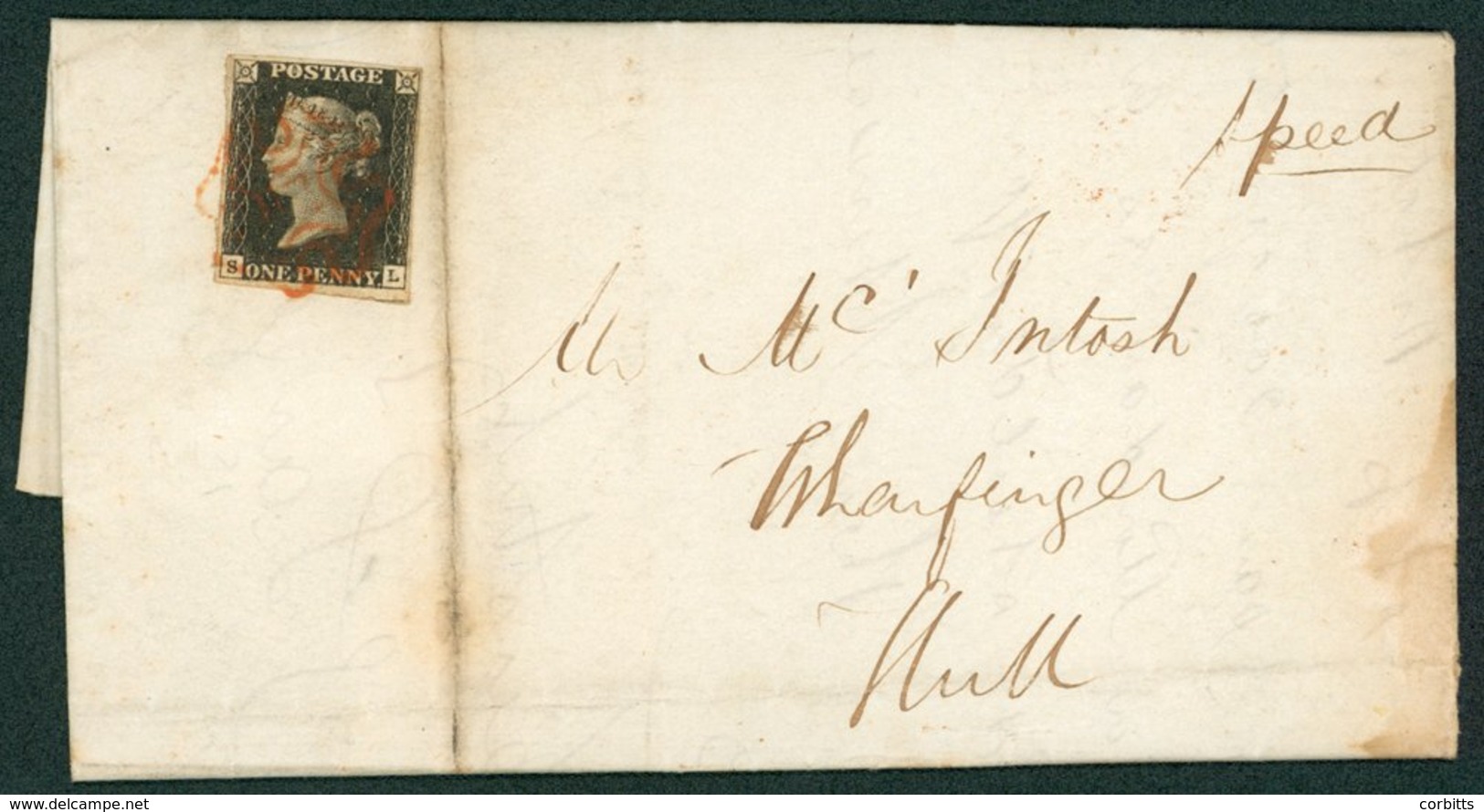 1840 Sept 10th Cover From Moundale Mills To Hull Franked Pl.1a SL Four Margin Example Tied Red MC, Reverse Stockton.10.S - Sonstige & Ohne Zuordnung