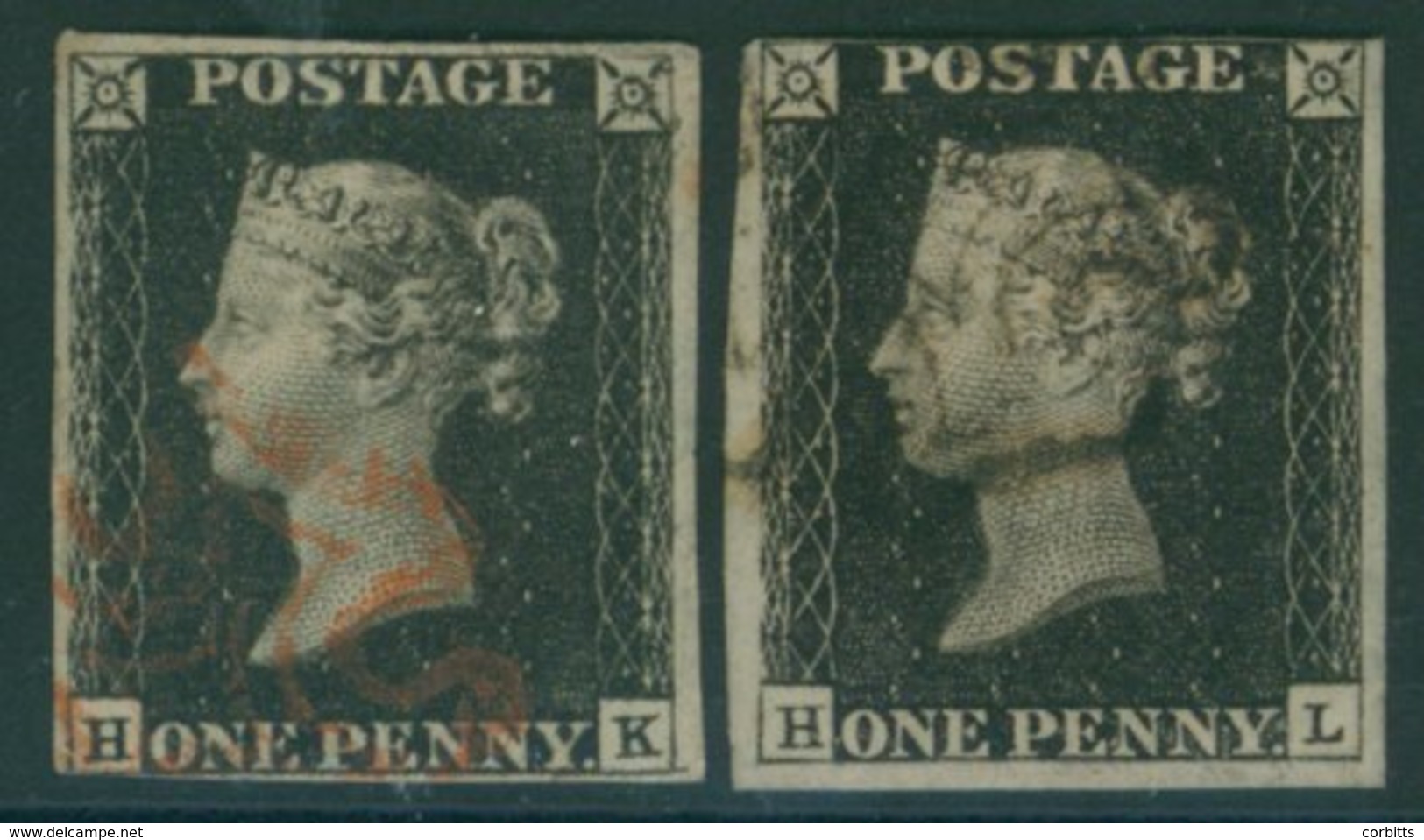 Plate 4 HK, Cancelled In Red, Close Cut At Base (thin In Margin), HL Cancelled In Black, Close Cut At Top. (2) - Sonstige & Ohne Zuordnung