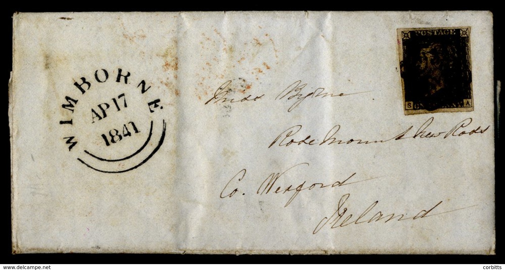 1841 Apr 17th Cover From Wimborne To Co. Wexford, Ireland Franked 1d Grey Black Plate 11, Left S.A. (roller Flaw In NE C - Sonstige & Ohne Zuordnung