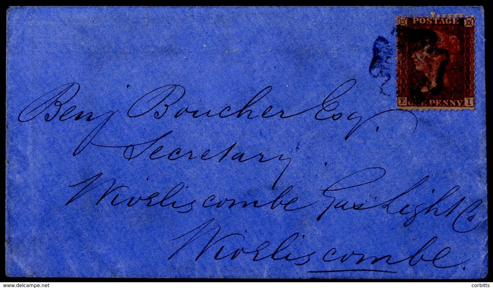 1858 1d Rose Red E1 Large Crown Pl.14 (SG.40), On An Envelope From Watchet To Wiveliscombe, Well Tied With A Black Malte - Sonstige & Ohne Zuordnung
