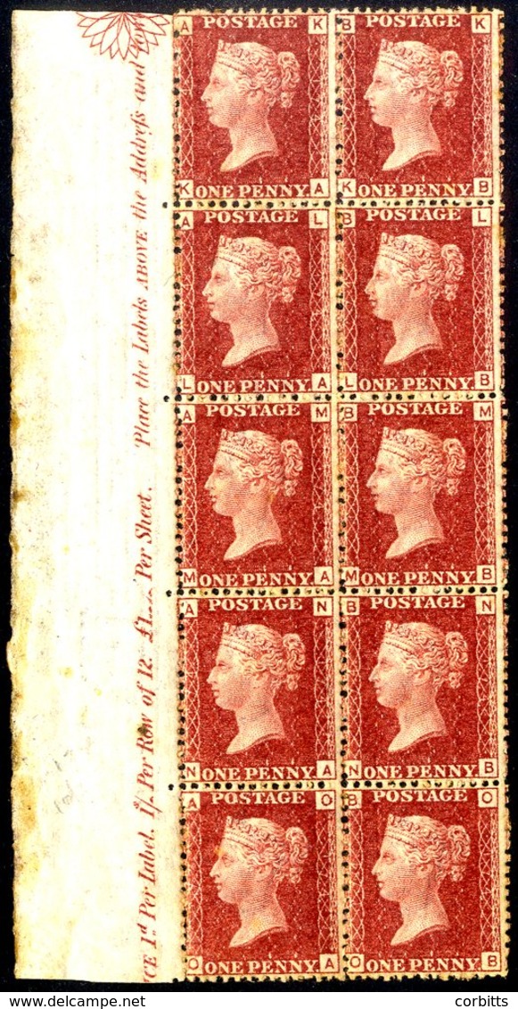 1864 1d Lake Red Plate 74 Left Side Marginal Block Of Ten KA/OB With Inscription 'CE 1d Per Label 1/- Per Row Of 12, £1  - Sonstige & Ohne Zuordnung