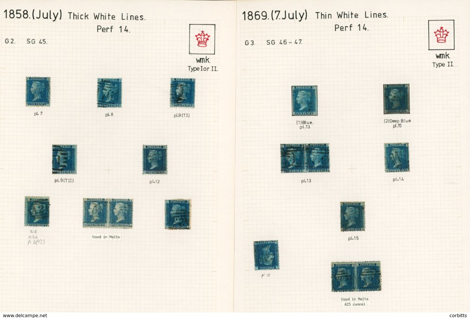 1858-76 2d Blue Plate Numbers, The Basic Set Of Plates, Plus Extras Of Pl.13 Wmk Inverted, Pl.13 Pairs (2) - One Used In - Sonstige & Ohne Zuordnung