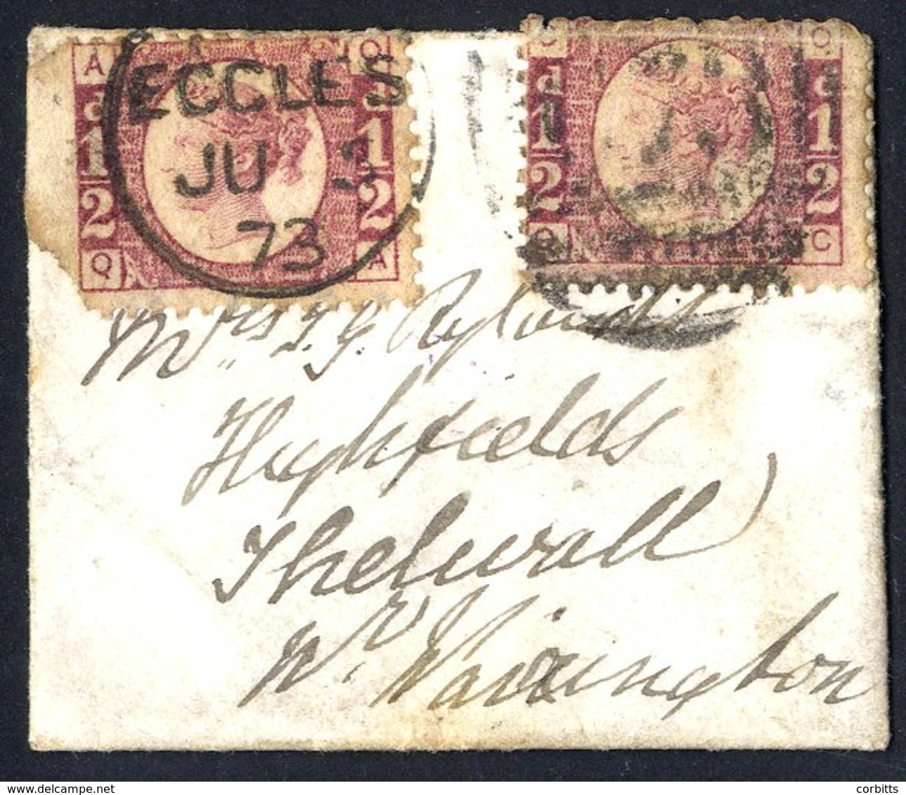 1875 Miniature Envelope From Eccles To Warrington Franked ½d Bantams (2) Tied Eccles July 3rd 73 Duplex, Reverse Warring - Sonstige & Ohne Zuordnung