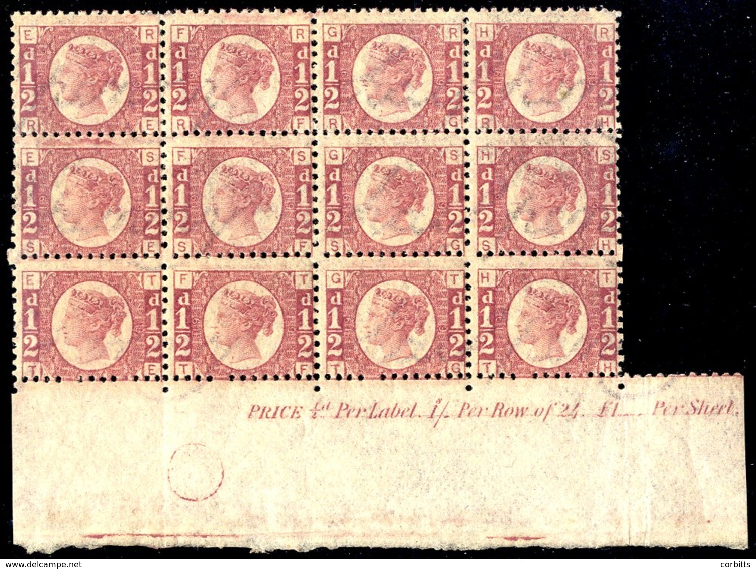 1870 ½d Rose Plate 19 Lower Marginal M Block Of Twelve With Full O.g (all Are UM), Showing Marginal Inscription 'Price ½ - Sonstige & Ohne Zuordnung