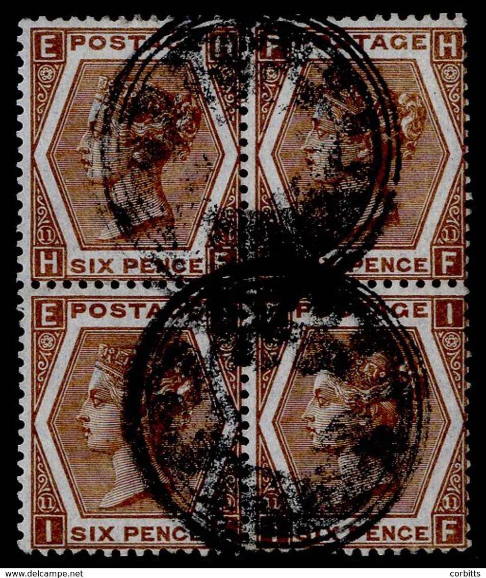 1872-73 Wmk Spray 6d Chestnut HE-IF Pl.11 VFU Block Of Four, Cancelled Contrary To Regulations By A Pair Of Mail Bag Sea - Sonstige & Ohne Zuordnung
