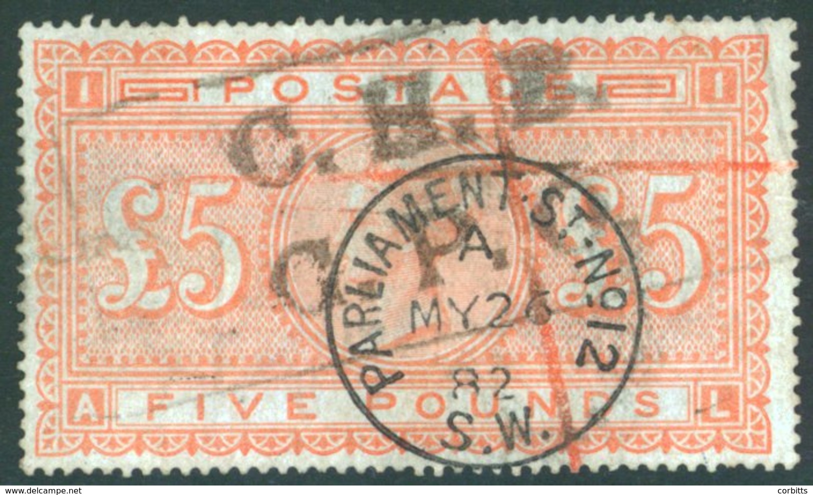 1882 £5 Orange On Blued Paper, Good U Example With Boxed Cancel & 'Parliament St. May.26.82' C.d.s, SG.133. Scarce. - Sonstige & Ohne Zuordnung