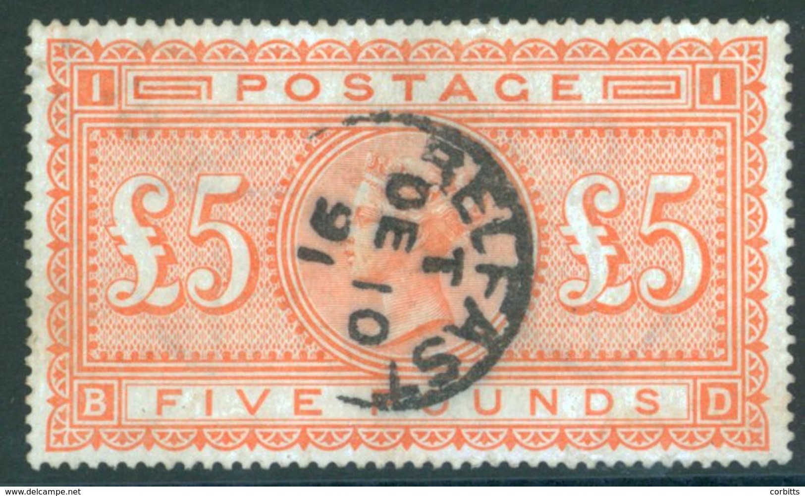 1867 £5 Orange FU With Central 'Belfast.Dec.10.91' C.d.s. SG.137 - Sonstige & Ohne Zuordnung