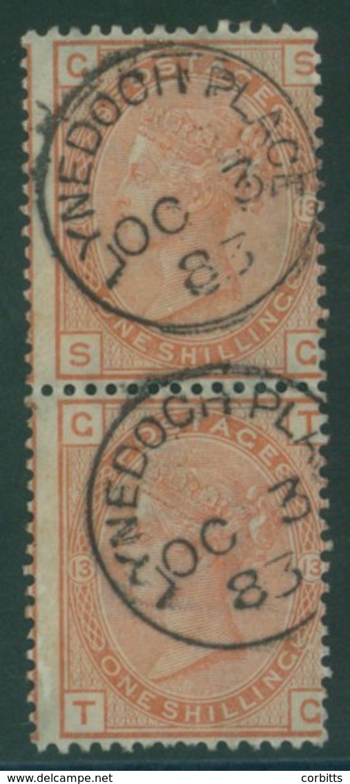 1881 Wmk Imperial Crown 1s Orange-brown Pl.13 Vertical Pair 'SG/TG' Centred To Right Side, Each Bears Fine C.d.s Of 'Lyn - Autres & Non Classés