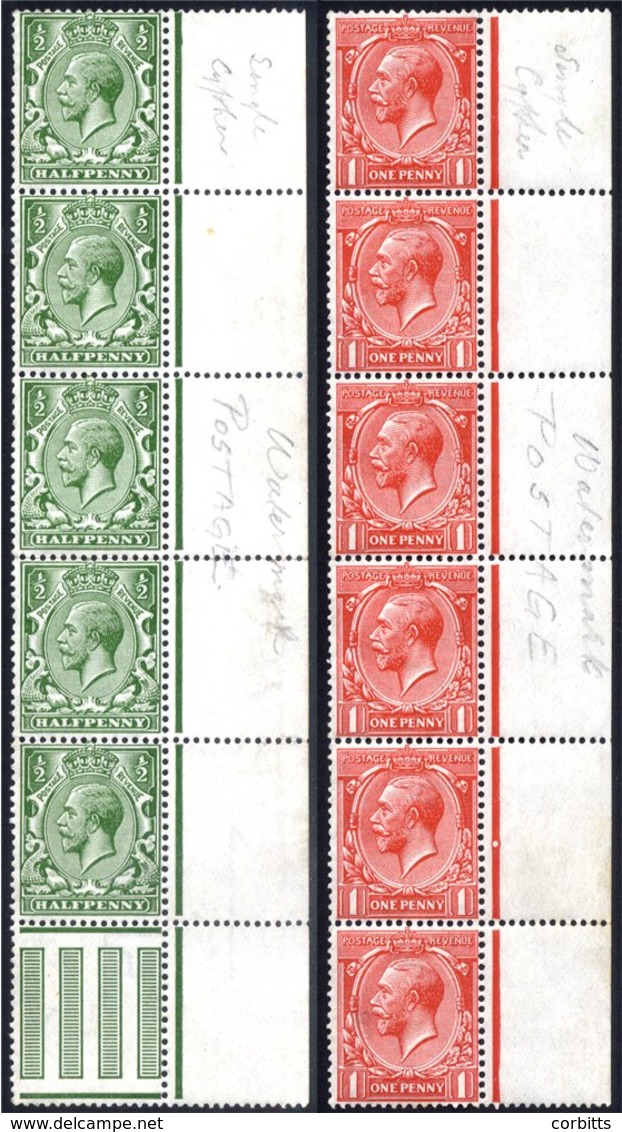 1912 Royal Cypher ½d & 1d Values Each A Vertical Marginal UM Strip Of 5 (½d) & 6 (1d) Showing Watermark 'POSTAGE' SG.351 - Sonstige & Ohne Zuordnung