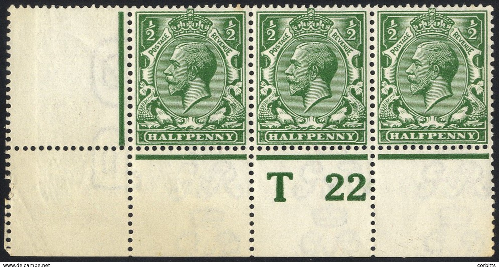 1912 ½d Deep Cobalt Green Corner Marginal Control 'T22 P' Strip Of Three Centre Stamp Hinged, Others UM, First With Tone - Sonstige & Ohne Zuordnung