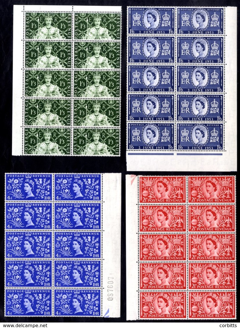 1953 Coronation Set In Marginal UM Blocks Of Ten (2½d Value - Faults Affecting Five), SG.532/5. - Sonstige & Ohne Zuordnung