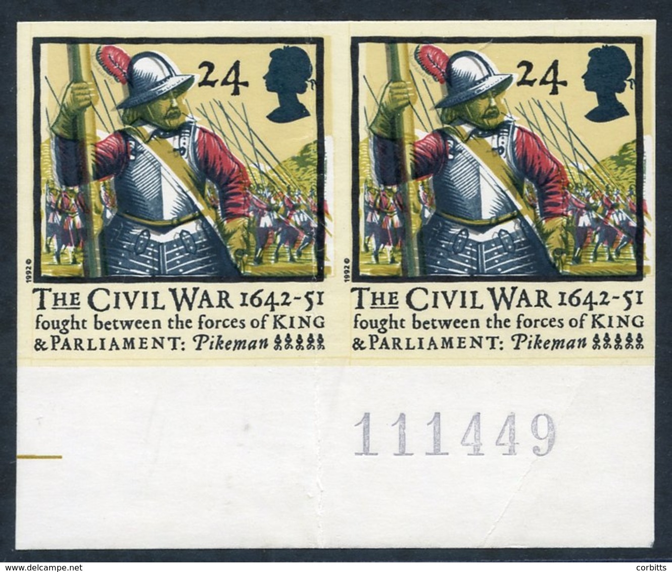 1992 Civil War 24p Pikeman Lower Marginal UM Horizontal Imperf Pair (left Stamp Vertical Crease), SG.1620a. (2) Cat. £55 - Sonstige & Ohne Zuordnung