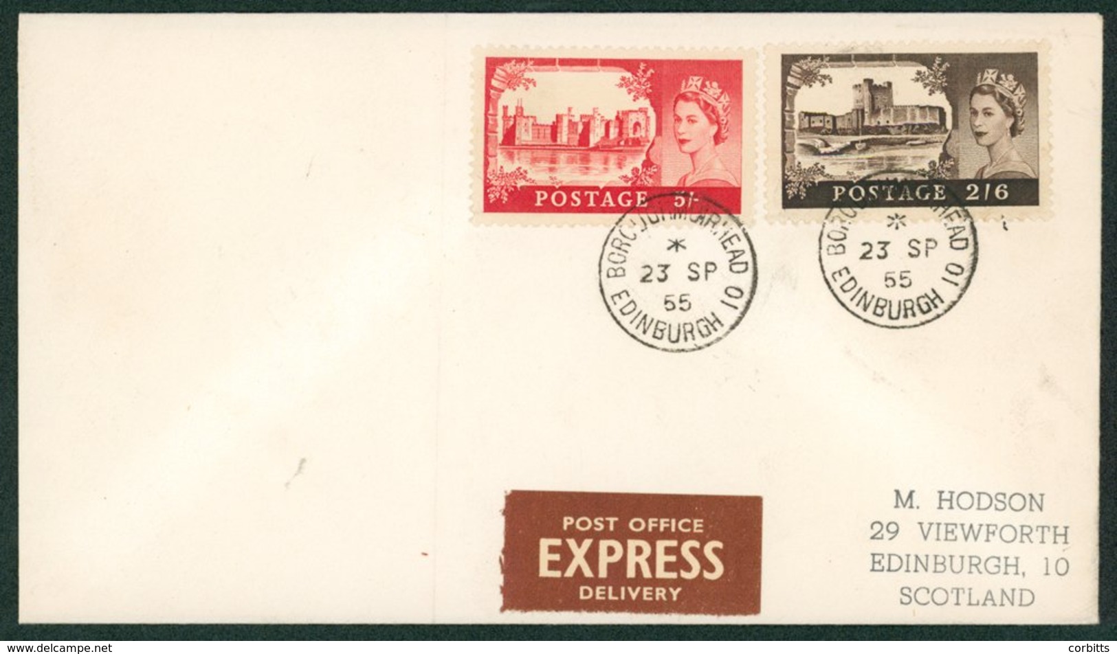 1955 Waterlow Castles 2/6d & 5s Values Together On A Plain "Express" FDC (handstamp Address), Cancelled "Boroughmuirhead - Sonstige & Ohne Zuordnung