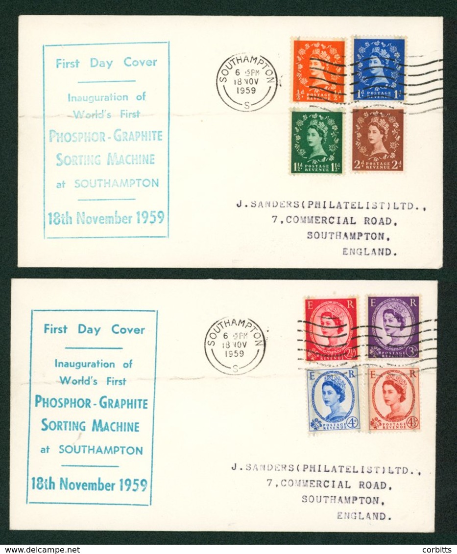 1957 Phosphor Graphite Set On Two Display "Saunders" FDC's, With Southampton 'S' Machine Cancels. - Sonstige & Ohne Zuordnung