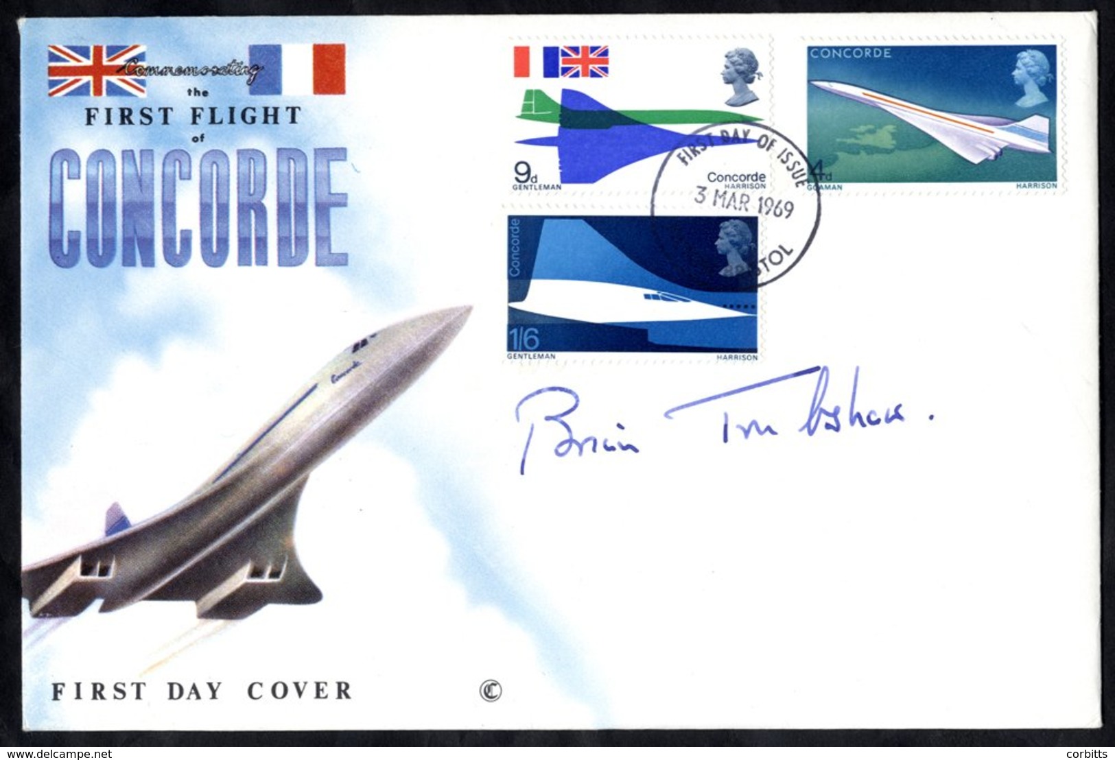 1969 Concorde FDC (unaddressed) With Filton, Bristol FDI H/stamp & Signed By Brian Trubshaw (pilot). Superb Condition. - Autres & Non Classés