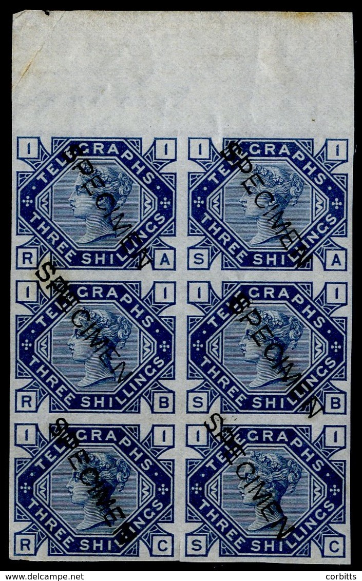 1877 3s Slate Blue, Plate 1 Left 'RA-SC' Top Marginal Block Of Six Overprinted 'SPECIMEN' Colour Trial, Hinged Only In M - Autres & Non Classés