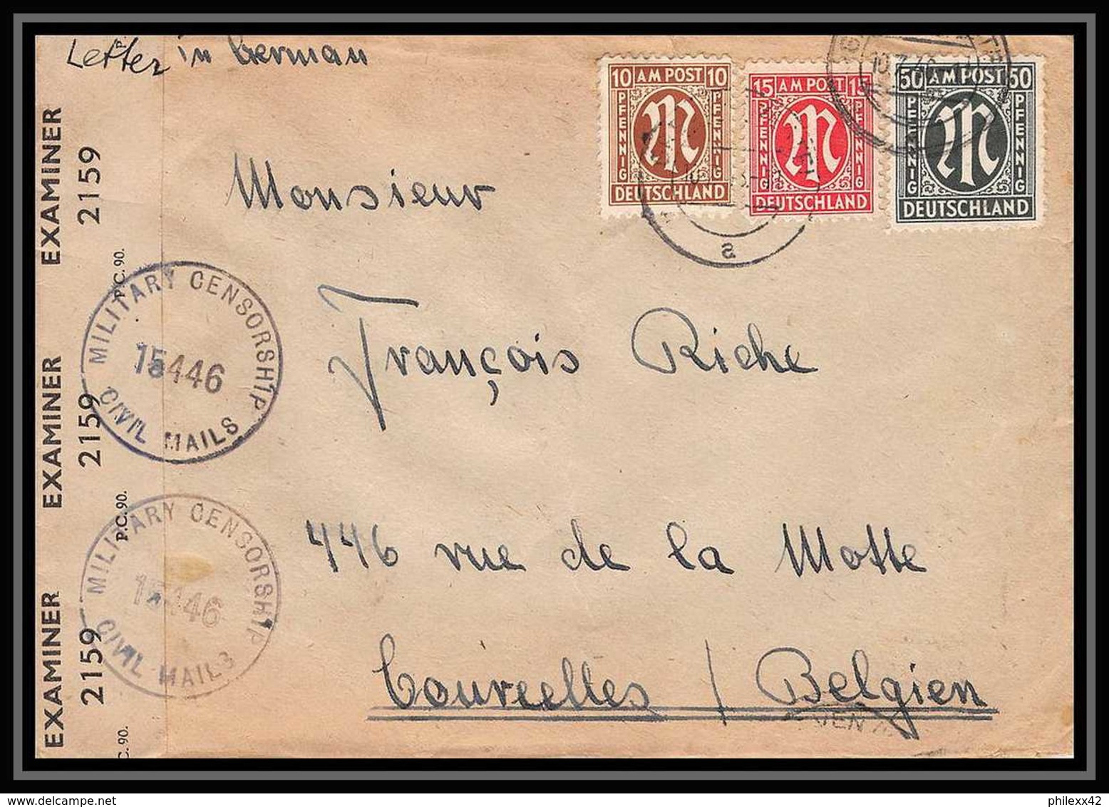 5978 Lettre Guerre War 1939/1945 Censuré Allemagne Germany Pour Courcelles Belgique (Belgium) 1946 - 2. Weltkrieg 1939-1945