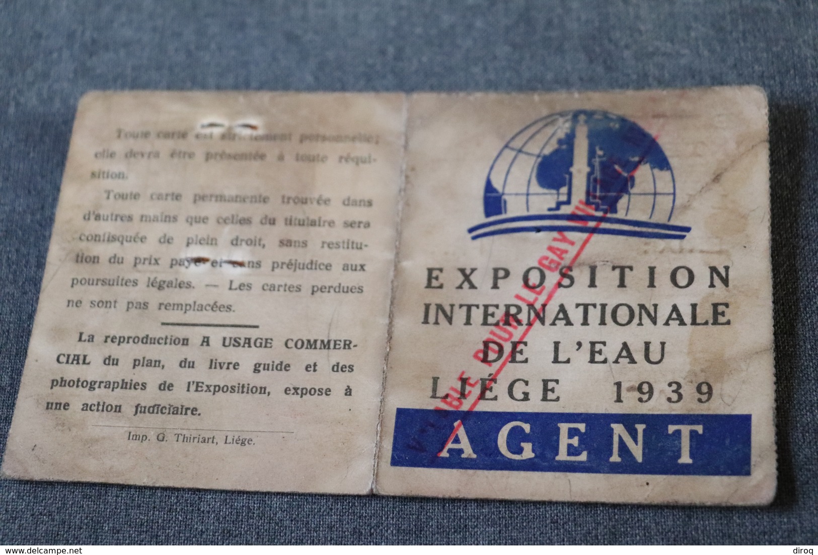 Exposition Internationale De L'eau,Liège 1939,RARE Agent, Procureur Michel,originale Pour Collection - Obj. 'Herinnering Van'