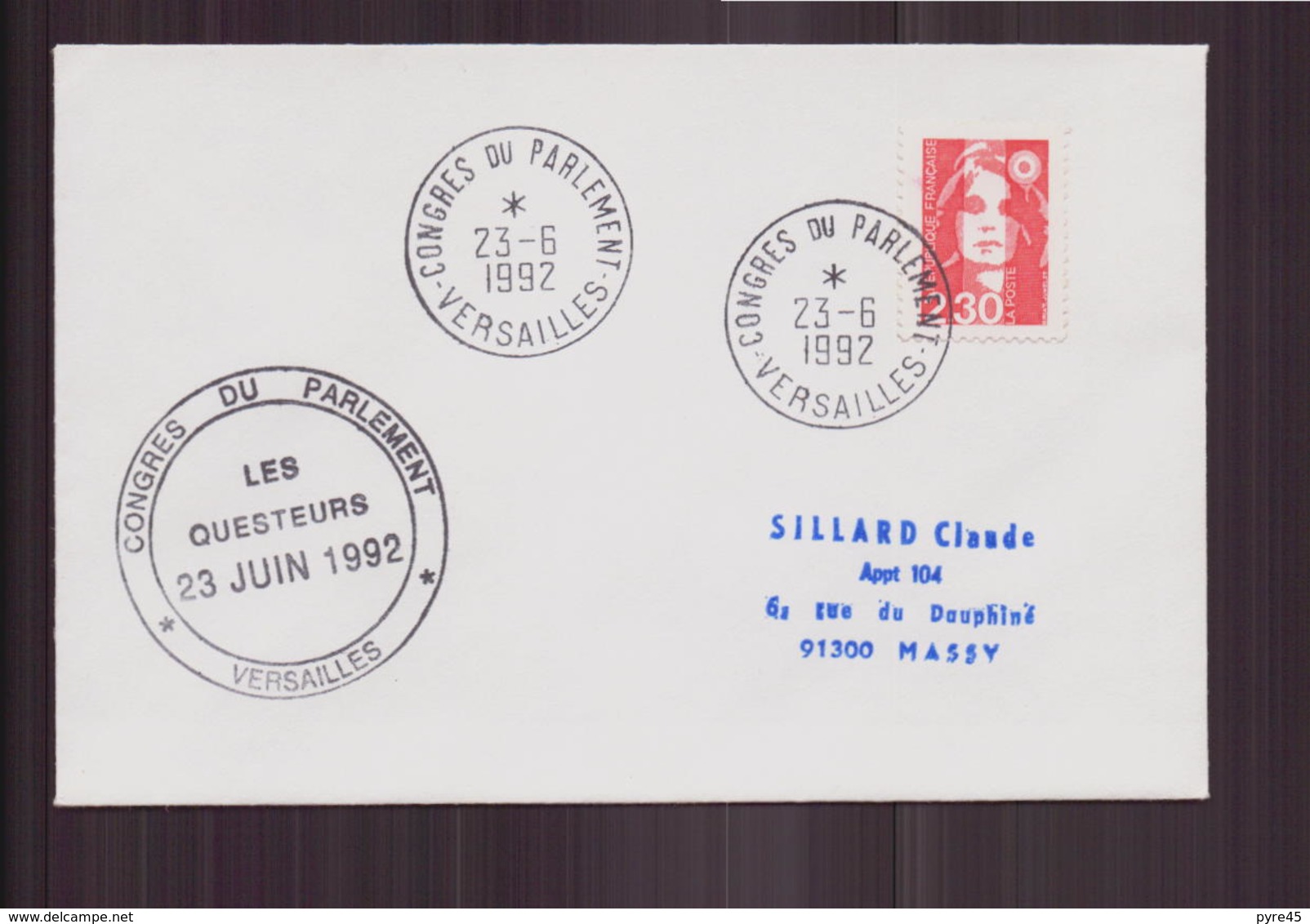 Enveloppe Du 23 Juin 1992 De Versailles Pour Massy Cachet " Congrès Du Parlement, Les Questeurs " - Lettres & Documents
