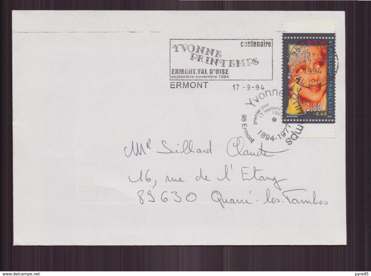 Enveloppe Du 17 Septembre 1994 D Appoigny à Quarré-les-Tombes Cachet " Yvonne Printemps " - Lettres & Documents