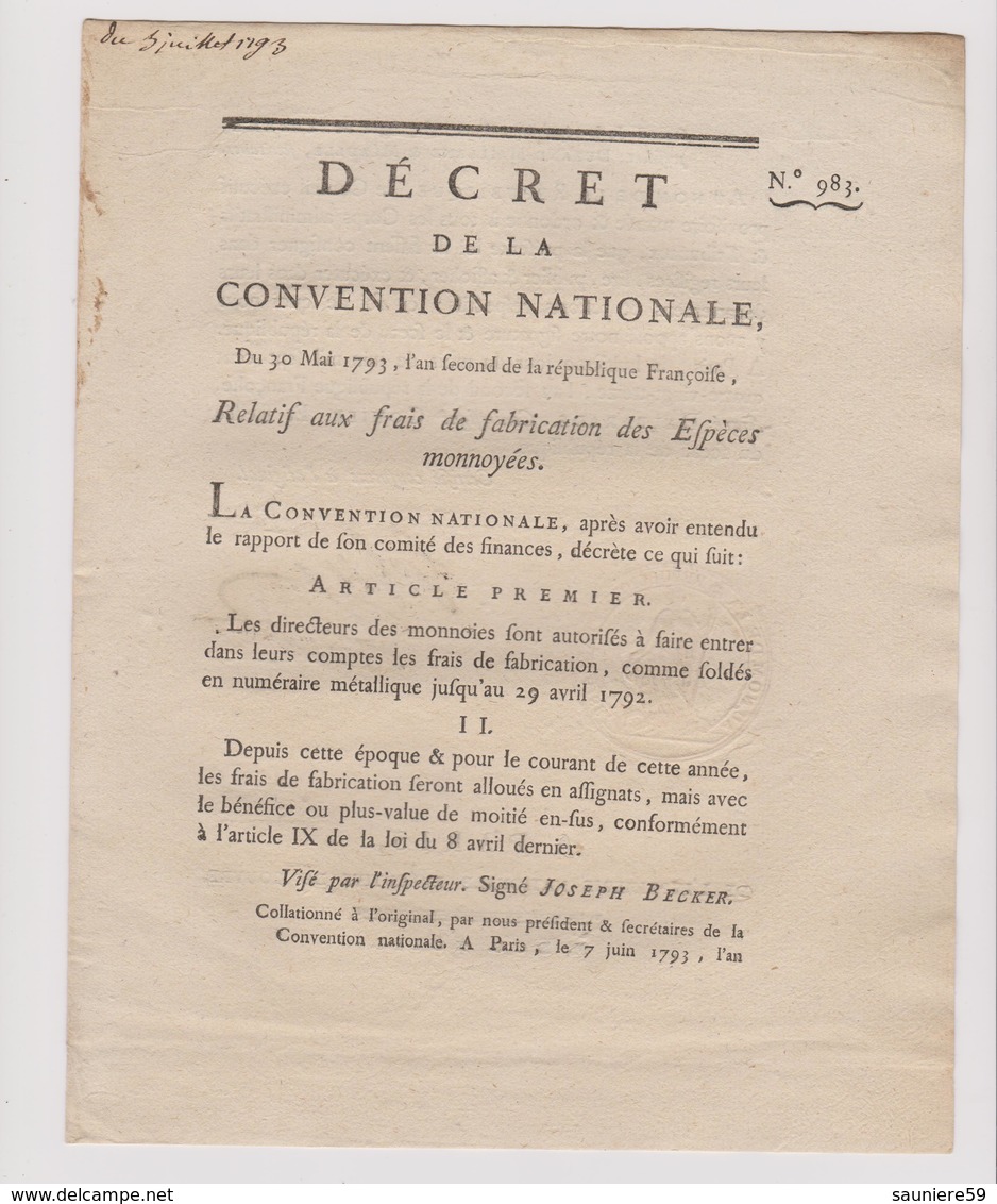 Rare Décret 1793 Numismatique Fabrication Espèces Monnayées Avec Cachet Rouge Royal - Documents Historiques