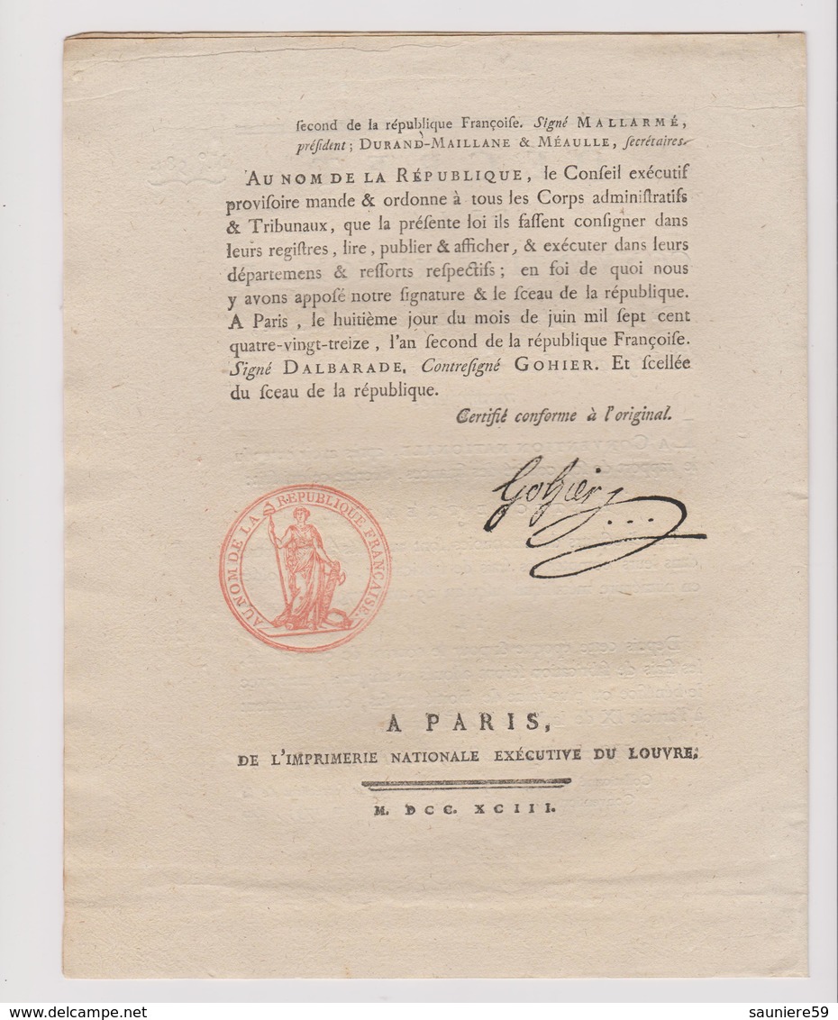 Rare Décret 1793 Numismatique Fabrication Espèces Monnayées Avec Cachet Rouge Royal - Documents Historiques