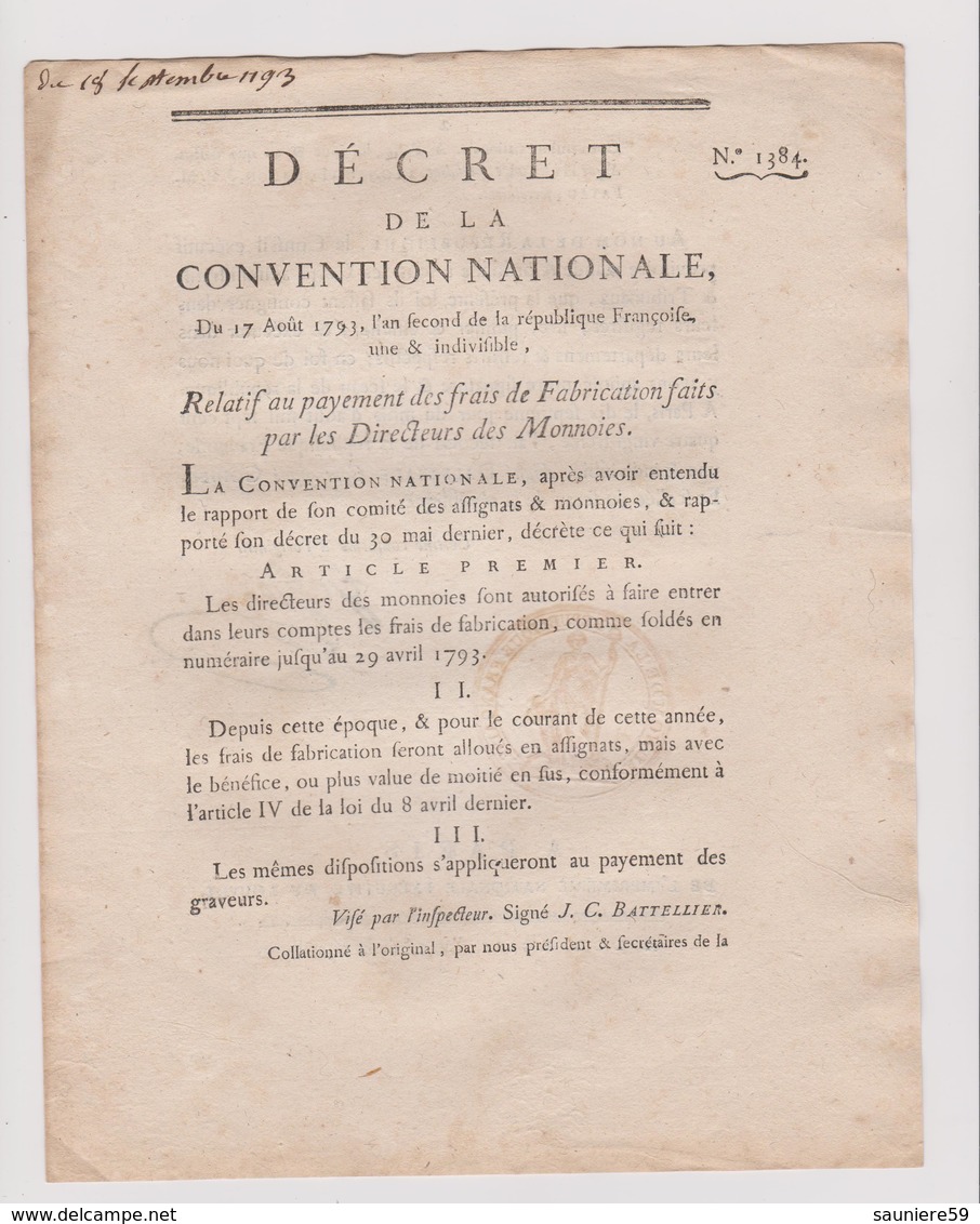 Rare Décret 1793 Numismatique Fabrication Monnaies Avec Cachet Rouge Royal - Documents Historiques