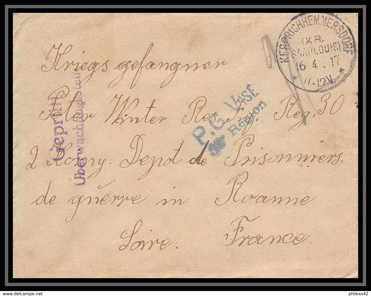 Lettre 1 2858 Prisonniers De Guerre Kriegsgefangenen War 1914/1918 Censuré Friedhof Hemmersdorf P Roanne Loire 1917 - 1. Weltkrieg 1914-1918
