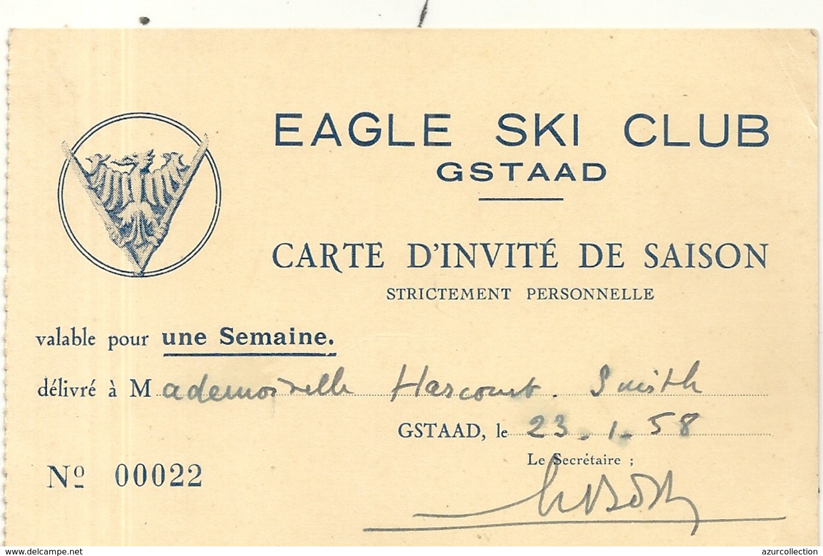 EAGLE SKI CLUB . GSTAAD - Tickets D'entrée