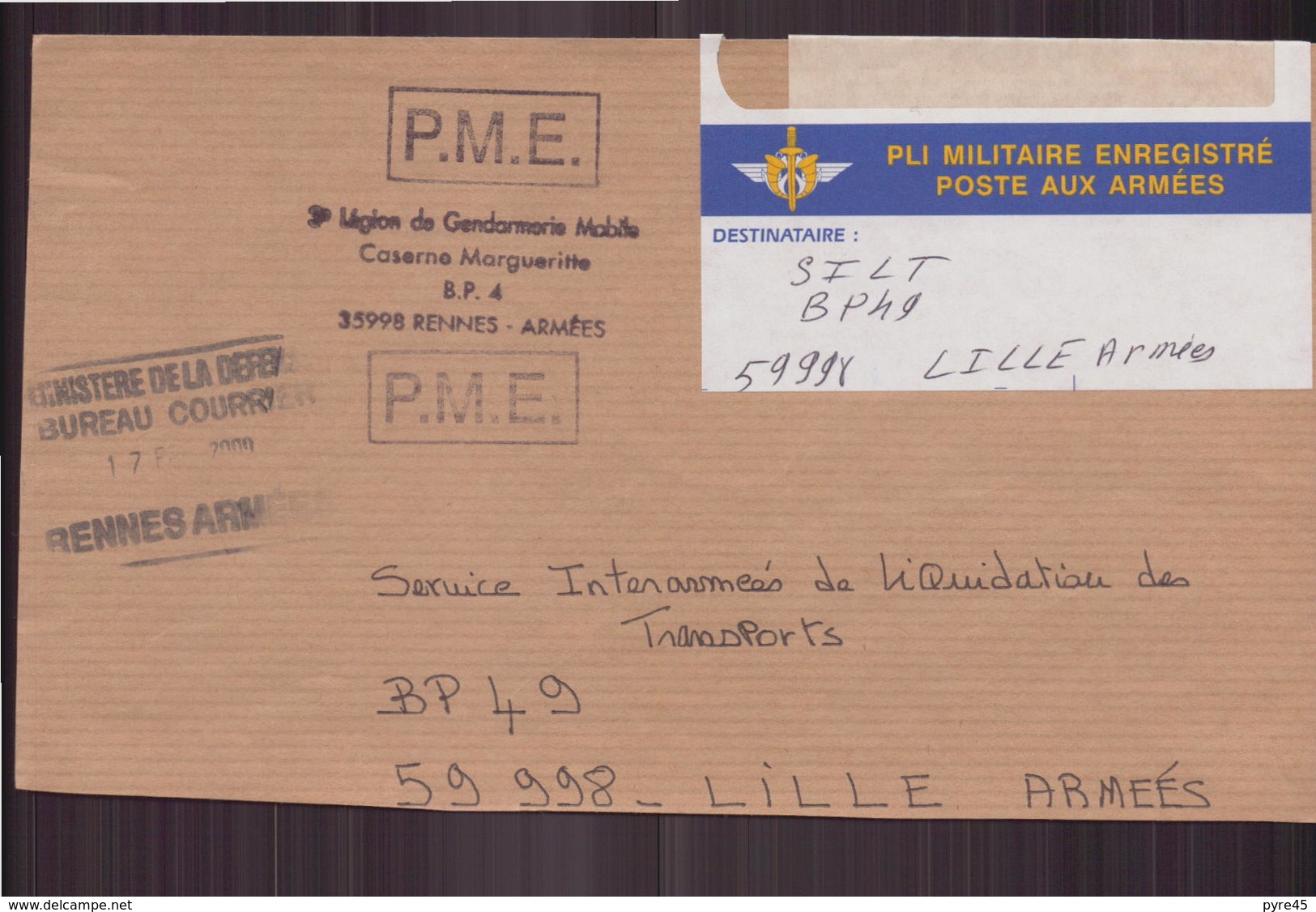 Enveloppe Du 17 Février 2000 Pour Lille Cachet " Légion De Gendarmerie à Rennes " - Lettres & Documents