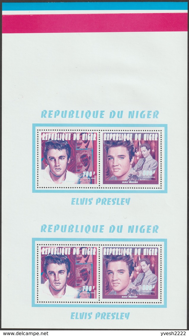 Niger 1996 Y&T 869 et 870  Michel 1194 et 1197. 14 essais, blocs en paires. Elvis Presley, guitare