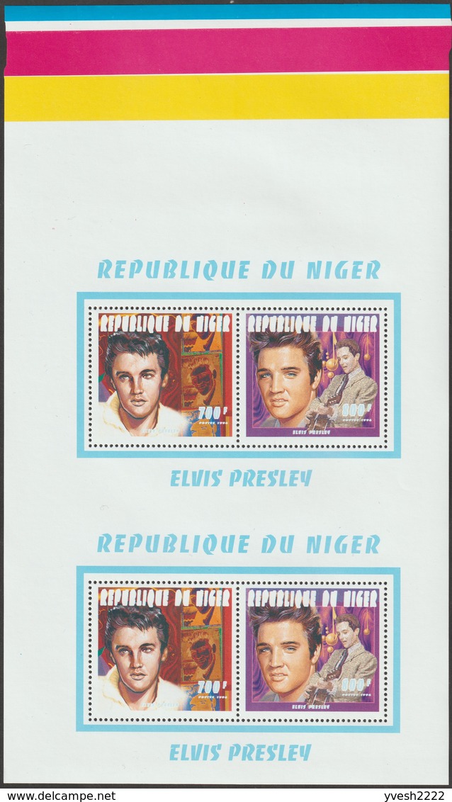 Niger 1996 Y&T 869 et 870  Michel 1194 et 1197. 14 essais, blocs en paires. Elvis Presley, guitare