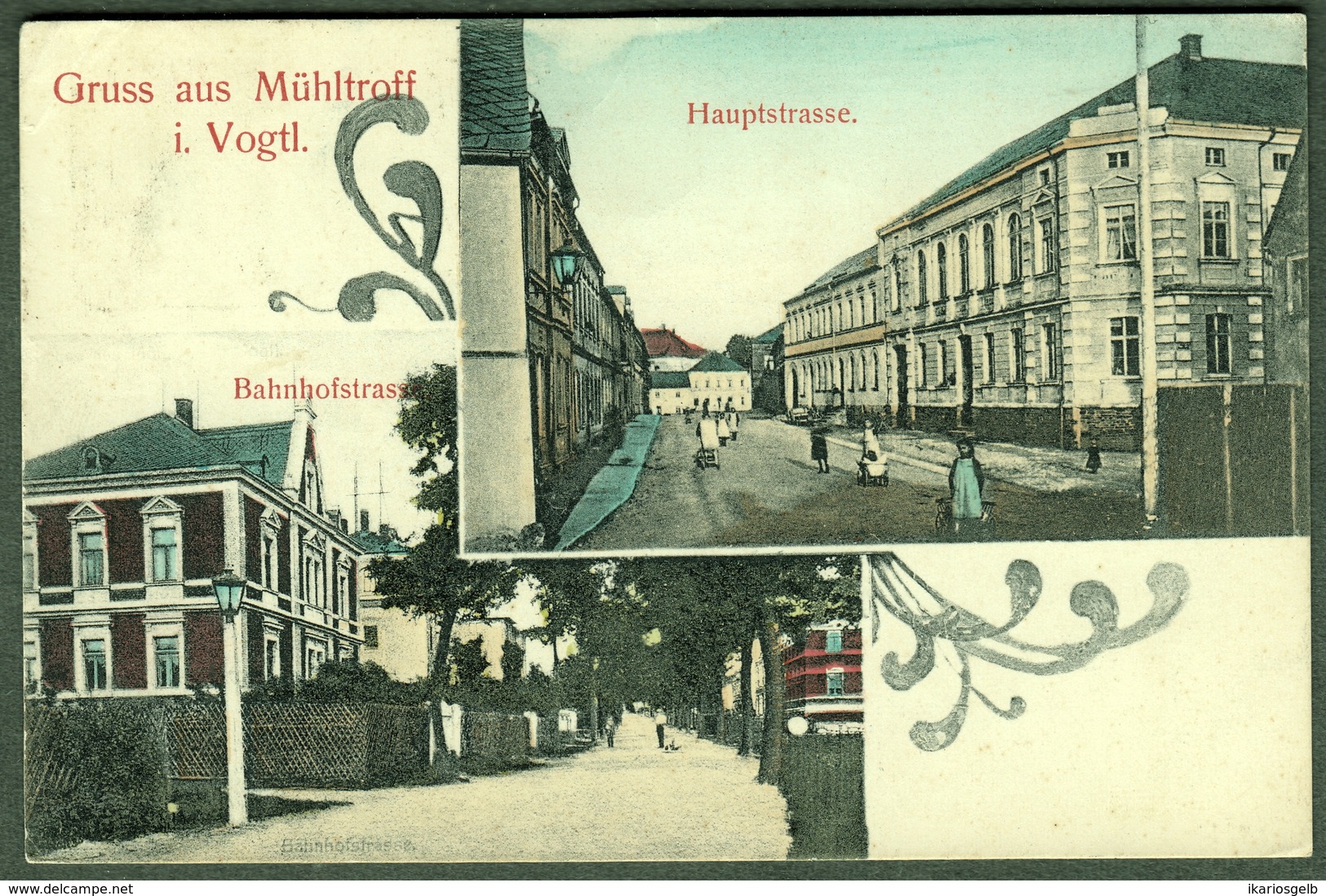Mühltroff I. Vogtland 1922 3-geteilte Handcolorierte AK " Bahnhofstr Hauptstr " 2x Frankiert Früher Infla-Bedarf - Autres & Non Classés