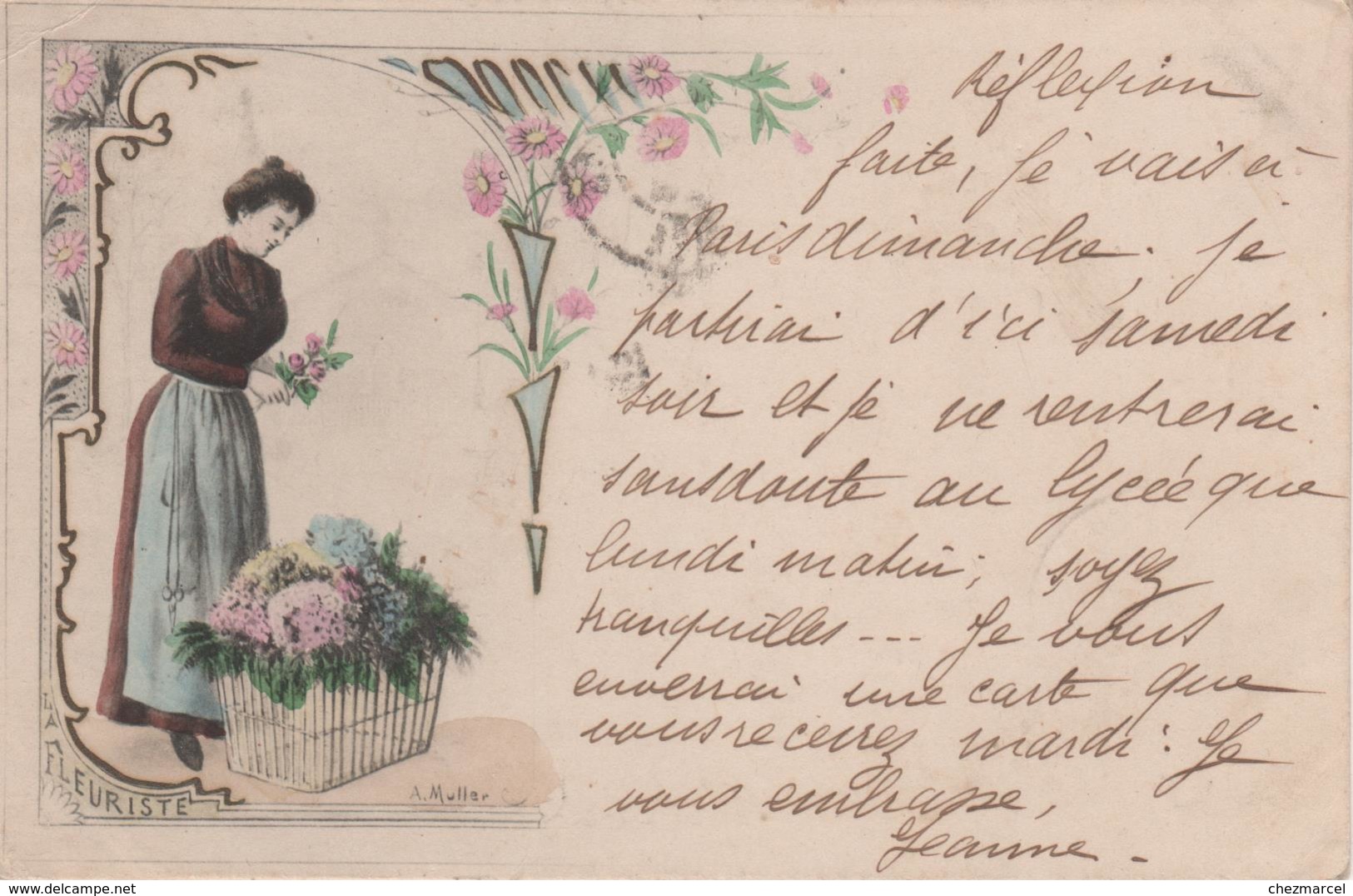 Belle Cpa Femme Mode Fleurs LA FLEURISTE-A.MULLER Circulee Versailles Pour Rouillac (charente)2scans - Autres & Non Classés