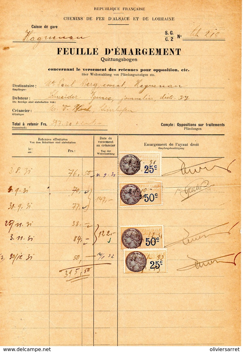 Timbre Fiscaux  Chemin De Fer D'alsace Lorraine  1937 Haguenau - Autres & Non Classés