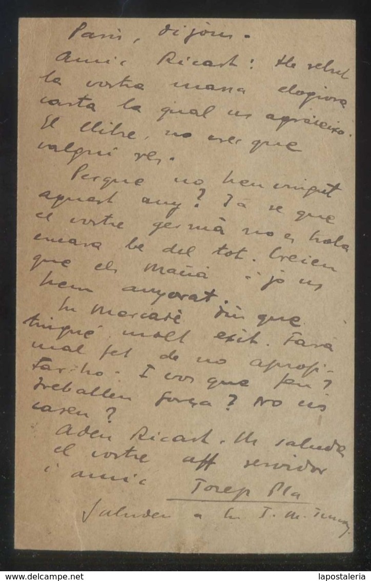 Firma: Josep Pla I Casadevall. TEP Circulada De Paris A Vilanova I La Geltrú En 1925. - Otros & Sin Clasificación