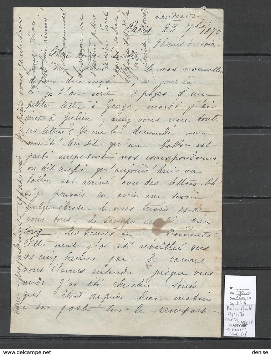 France - Ballon Monté - 24/09/1870 - Pour LE HAVRE - Seine Inférieure - LE VILLE DE FLORENCE - 1870 Siege Of Paris