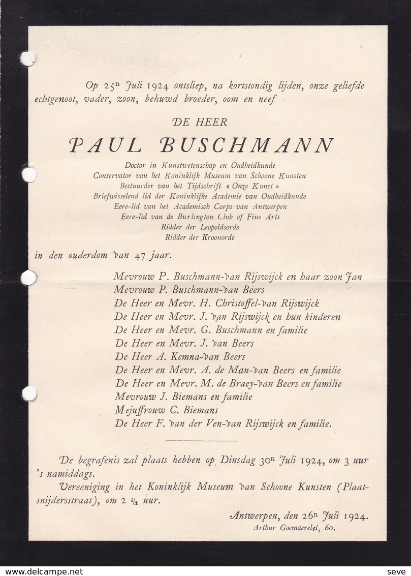 ANVERS ANTWERPEN BUSCHMANN Paul 47 Ans 1924 Conservator Van Het Koninklijk Museum Van Schone Kunsten - Overlijden