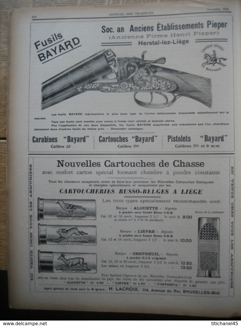 JOURNAL DES CHASSEURS ET DES GARDES 1909 n°17 -52 pages richement illustrées : armes - cartouches ...