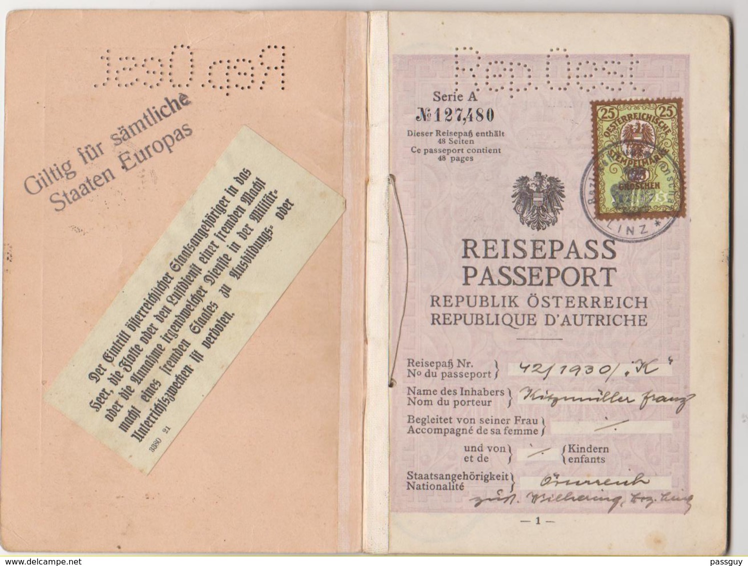 Passport AUSTRIA 1930 Passeport AUTRICHE - Reisepaß – Revenues/Fiscaux - Historische Documenten