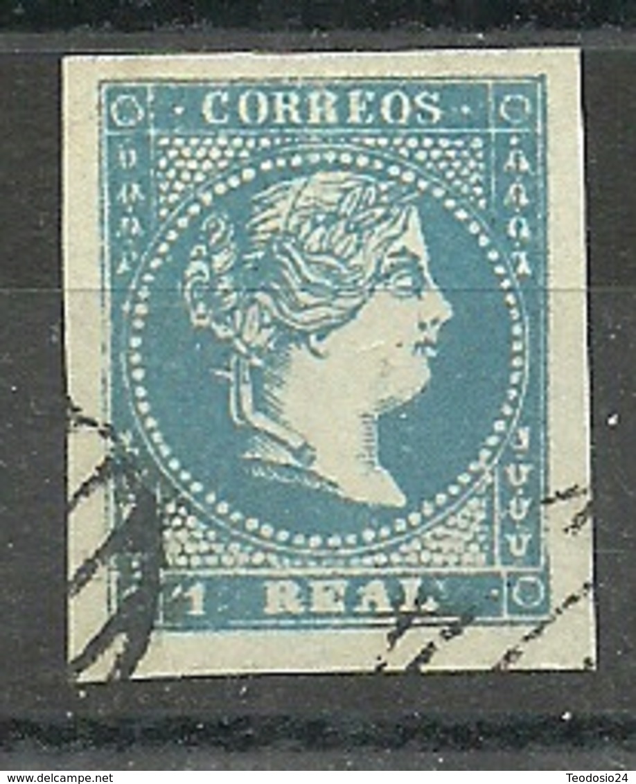 ESPAÑA REINADO ISABEL II  1856-59 EDIFIL 49 1 REAL AZUL  FALSO - Oblitérés