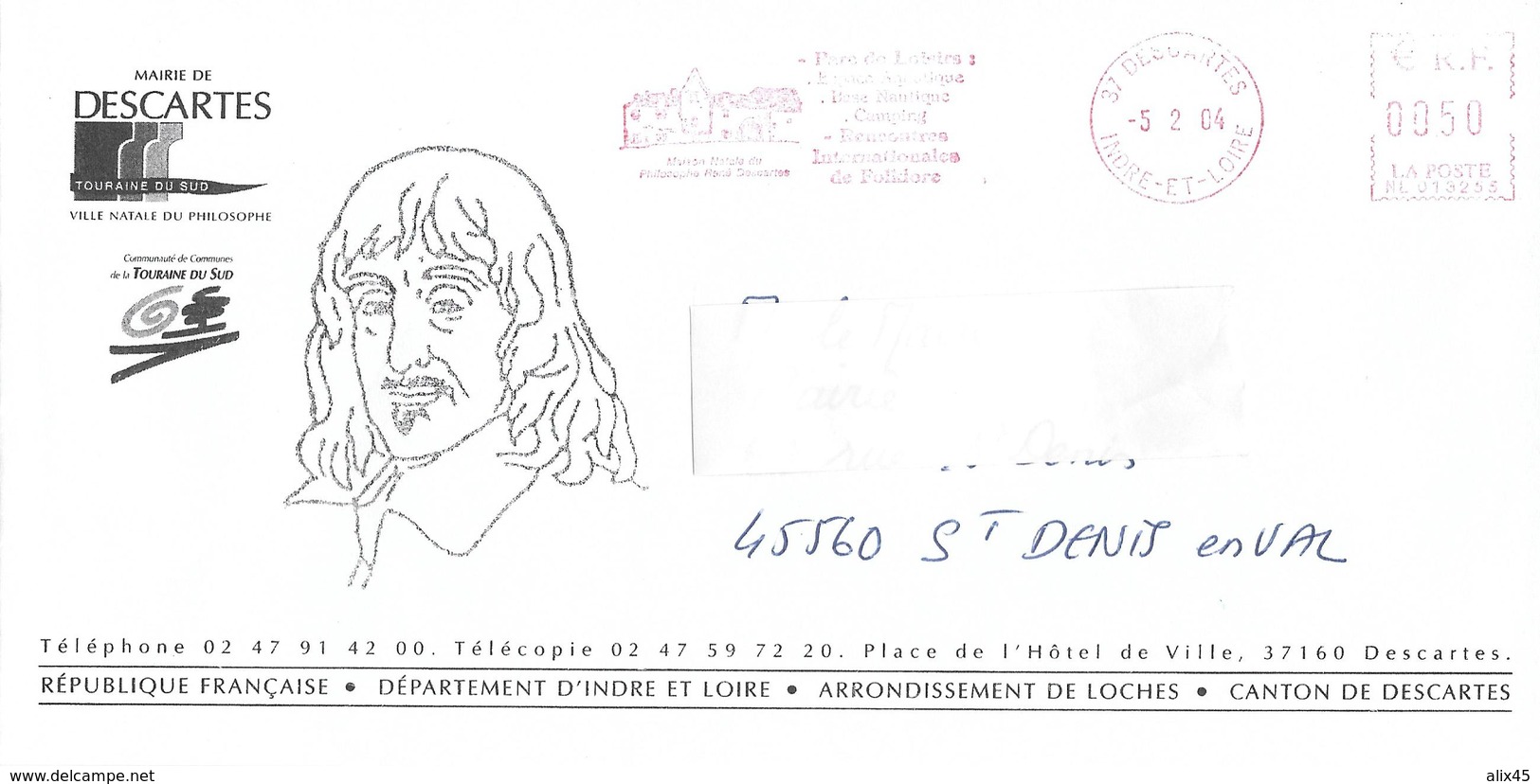 DESCARTES (37), Ville Natale Du Philosophe, Lettre De Mairie, TB - EMA (Empreintes Machines à Affranchir)