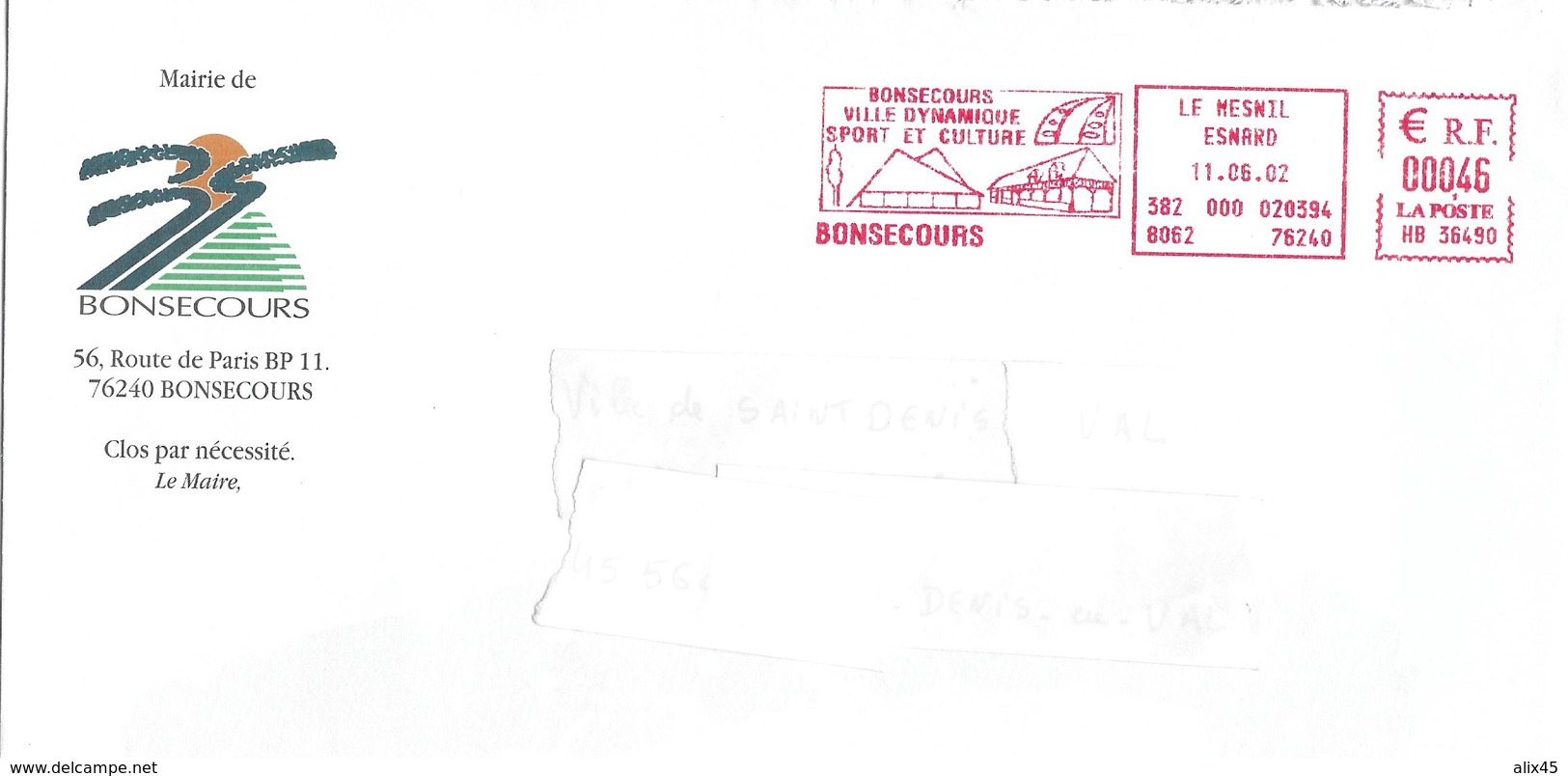 BONSECOURS (76), Ville Dynamique Sport Et Culture , Lettre De Mairie, TTB - EMA (Print Machine)