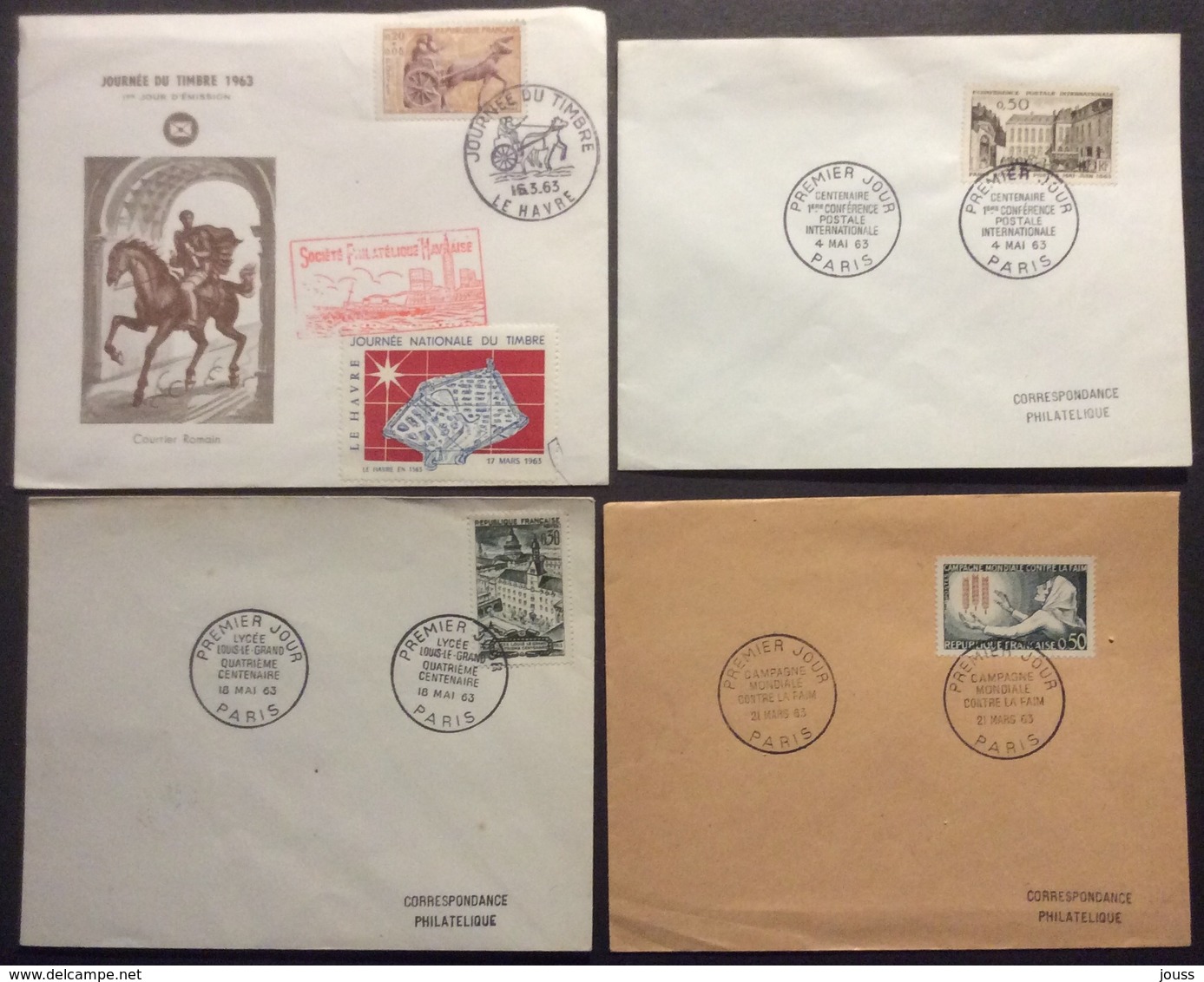 0263 Louis Le Grand 1388 Faim 1379 J Du T 1378 Vignette Havre Conférence Postale 1387 FDC 1963 Premier Jour Lot 4 Lettre - 1960-1969