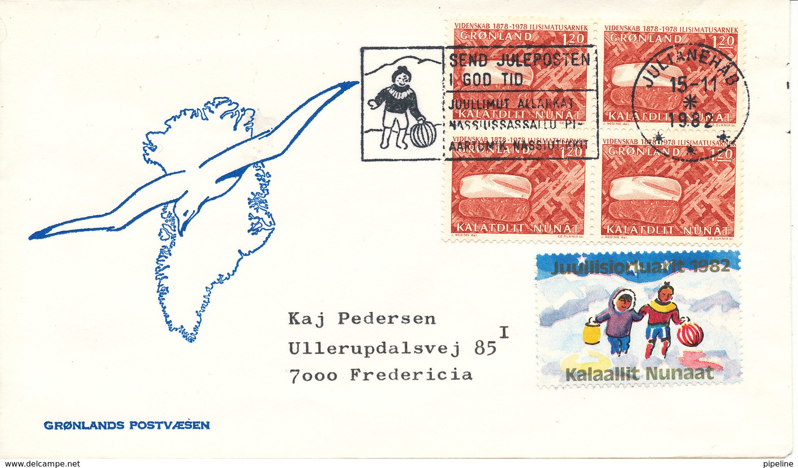 Greenland Cover With Block Of 4 Scientific Studies In Greenland Sent To Denmark Special Christmas Postmark Sdr. Strömfjo - Covers & Documents