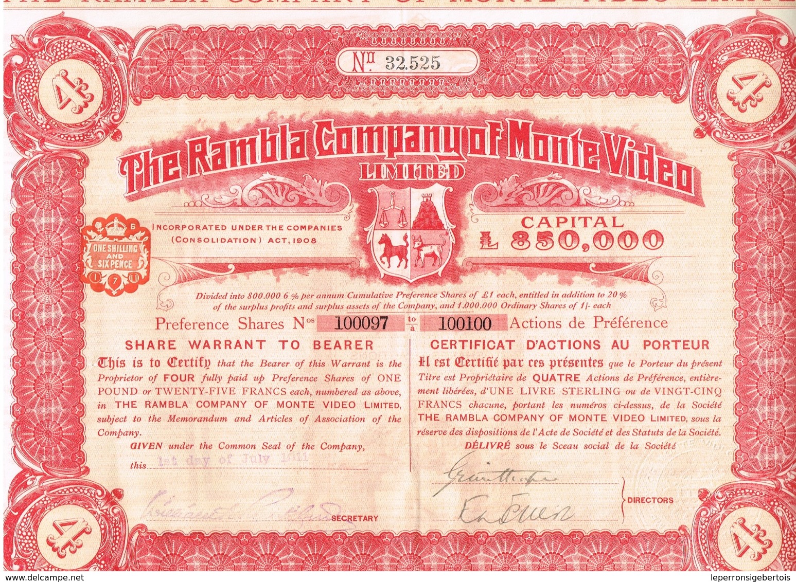 Titre Ancien - The Rambla Company Of Monte Video Limited - Titre De 1911- - Toerisme